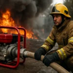 Hasič s čerpadlom v akcii pri hasení požiaru.