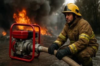 Hasič s čerpadlom v akcii pri hasení požiaru.