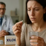 Žena sa zamyslene pozerá na tabletu lieku Xilox pred užitím s pohárom vody.