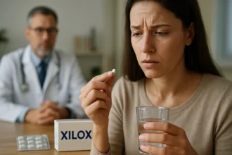 Žena sa zamyslene pozerá na tabletu lieku Xilox pred užitím s pohárom vody.