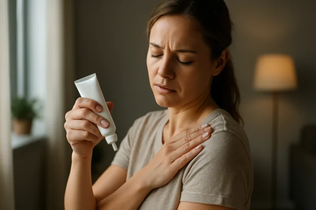 Žena s Myoflexinom na úľavu od bolesti svalov v pokoji domova.