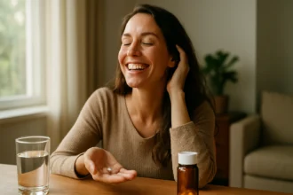 Žena sa usmieva pri užívaní prírodného lieku na zlepšenie nálady.