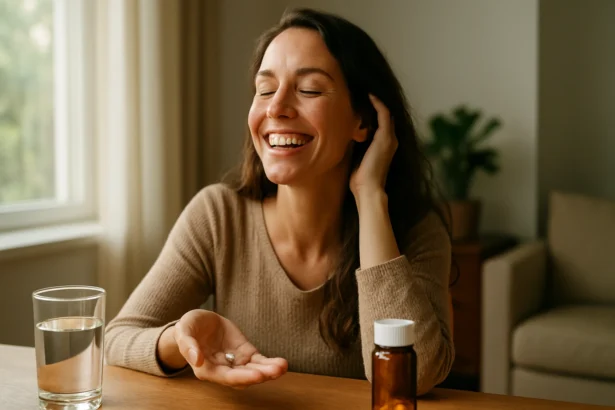 Žena sa usmieva pri užívaní prírodného lieku na zlepšenie nálady.