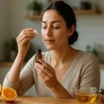 Žena používa pomarančový olej na aromaterapiu.