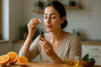 Žena používa pomarančový olej na aromaterapiu.