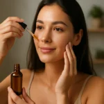 Žena nanášajúca zázračný olej na pleť pre krásu a zdravie