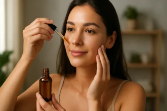 Žena nanášajúca zázračný olej na pleť pre krásu a zdravie