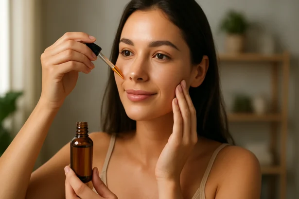 Žena nanášajúca zázračný olej na pleť pre krásu a zdravie