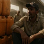 Robotník sedí s benzínovými kanistrami v Sueze