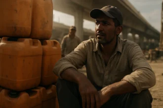 Robotník sedí s benzínovými kanistrami v Sueze