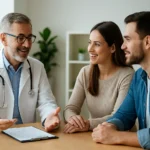 Lékař se usmívá a mluví s párem během konzultace o zdravotním pojištění.