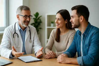 Lékař se usmívá a mluví s párem během konzultace o zdravotním pojištění.