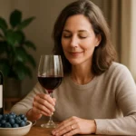 Žena si vychutnáva červené víno pri stole so zdravými plodmi.