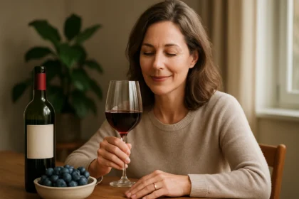 Žena si vychutnáva červené víno pri stole so zdravými plodmi.