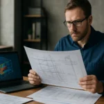 Inžinier študujúci projektovú dokumentáciu a zaťaženia