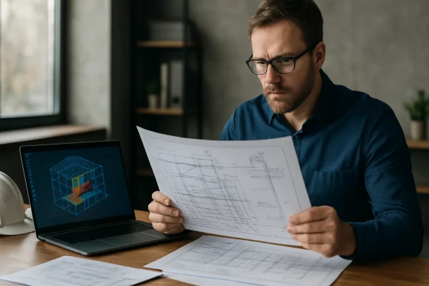 Inžinier študujúci projektovú dokumentáciu a zaťaženia