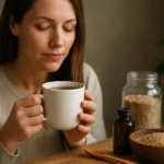 Žena vychutnávajúca si Norcain cup s prírodnými zložkami na stole