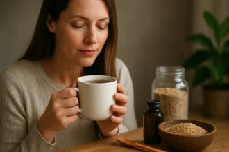 Žena vychutnávajúca si Norcain cup s prírodnými zložkami na stole