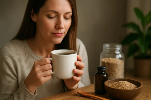 Žena vychutnávajúca si Norcain cup s prírodnými zložkami na stole