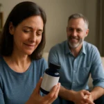 Žena skúma fľašu so suplementom Liderin, zatiaľ čo sa usmieva muž.