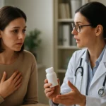 Žena sa znepokojene rozpráva s lekárkou o zdravotných ťažkostiach.