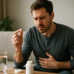 Muž rozmýšľa o užití kapsúl Gasztonax na zlepšenie trávenia.
