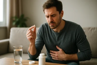 Muž rozmýšľa o užití kapsúl Gasztonax na zlepšenie trávenia.