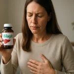 Žena drží fľašu Bilagitu a vyzerá zamyslene, zameraná na zdravie pečene.