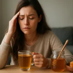 Žena s bolesťou hlavy pijúca čaj s medinacom.