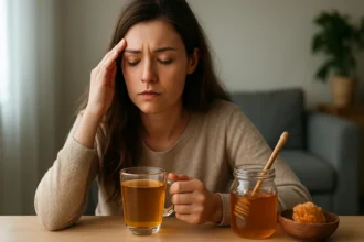 Žena s bolesťou hlavy pijúca čaj s medinacom.