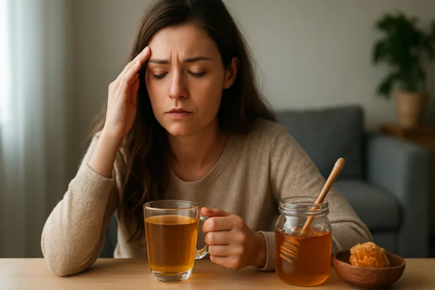 Žena s bolesťou hlavy pijúca čaj s medinacom.