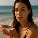 Žena na pláži držiaca soľnú vodu v rukách s prirodzene krásnou pleťou.