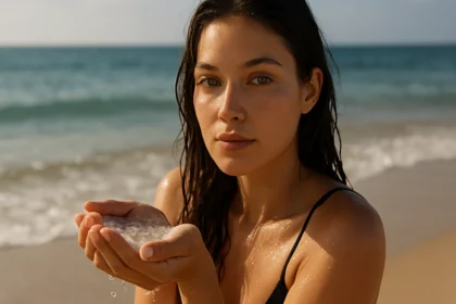 Žena na pláži držiaca soľnú vodu v rukách s prirodzene krásnou pleťou.