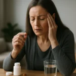 Žena trpiaca bolesťou hlavy, pripravujúca sa na užitie vitamínov.