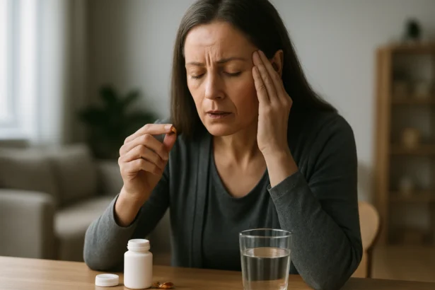 Žena trpiaca bolesťou hlavy, pripravujúca sa na užitie vitamínov.