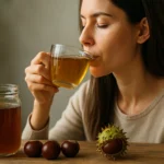 Žena pije čaj z pagaštanu konského, vedľa sú pagaštanové plody.