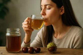 Žena pije čaj z pagaštanu konského, vedľa sú pagaštanové plody.