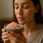 Žena s himalájskou soľou v miske, zatvorenými očami, vyjadrujúc pohodu.