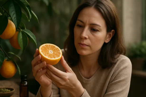 Žena skúma citrus aurantium a jeho účinky na zdravie.