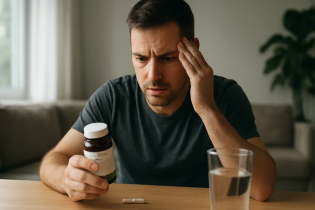 Muž znepokojený nad King of Kings kapsulami s vodou na stole.