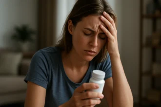 Žena s bolestivým výrazom drží fľašku Kankusta Duo s obavami.