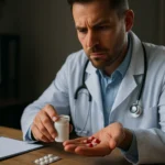 Lekár skúma kapsuly meldonia na stole s predpísaným zápisníkom.