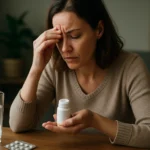 Žena s bolesťou hlavy pripravuje Moduxin na stôl.