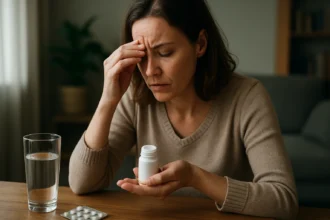 Žena s bolesťou hlavy pripravuje Moduxin na stôl.