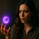 Žena s prekvapeným výrazom drží fialovú energiu v ruke.