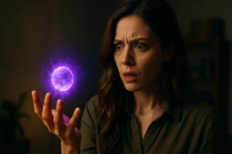 Žena s prekvapeným výrazom drží fialovú energiu v ruke.