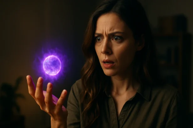 Žena s prekvapeným výrazom drží fialovú energiu v ruke.