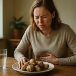 Žena cíti nepohodlie po jedle z topinambura na tanieri.