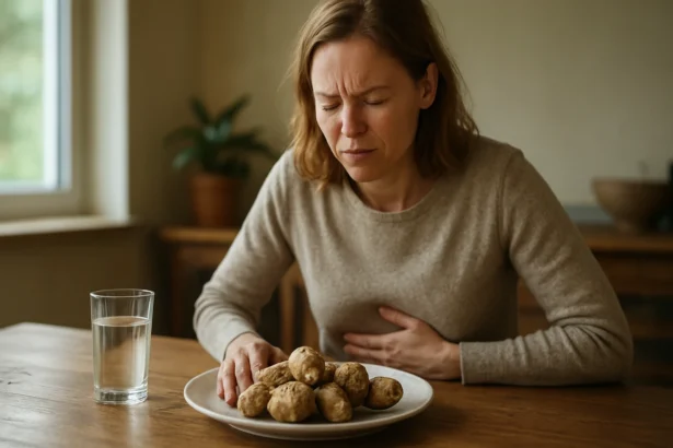 Žena cíti nepohodlie po jedle z topinambura na tanieri.