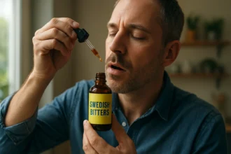 Muž používa švédske kvapky, prírodný elixír pre zdravie